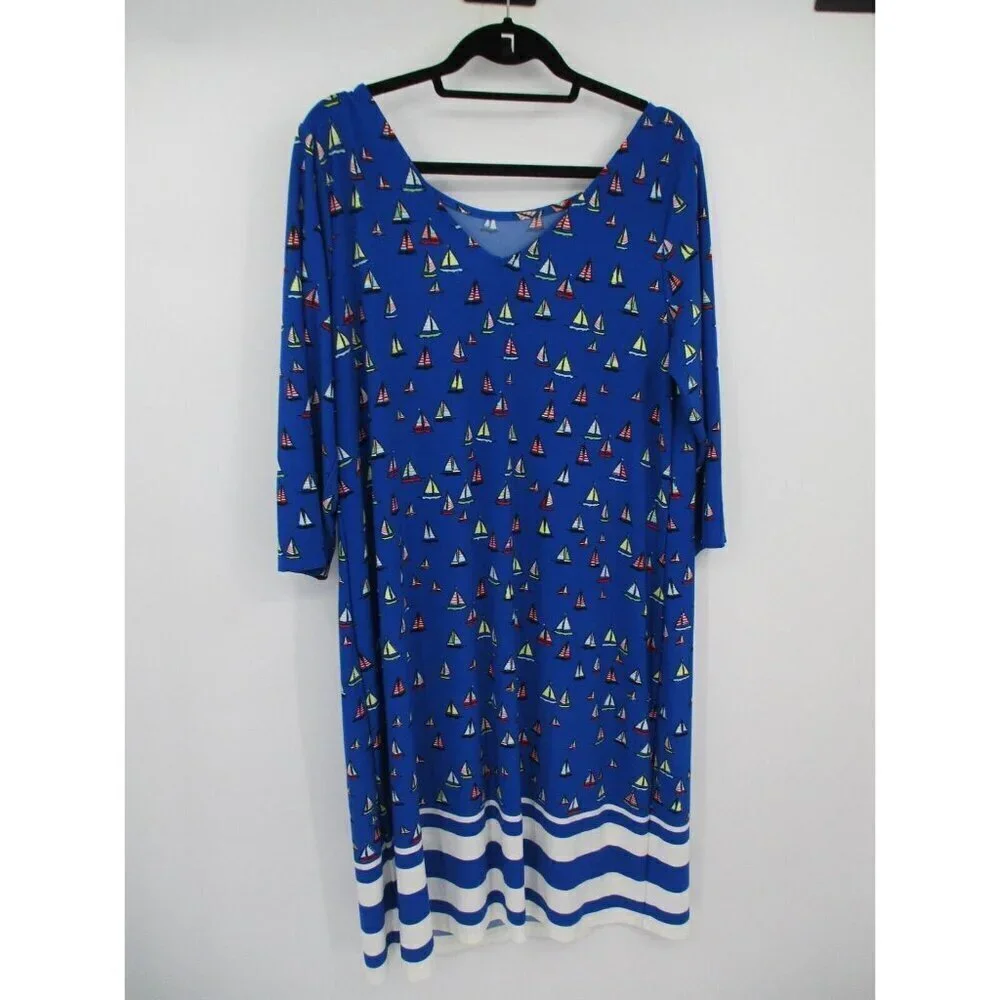 Leota Womens Dress 1X Long Blue Preppy Nautical Ships Boats Stretch Pullover
